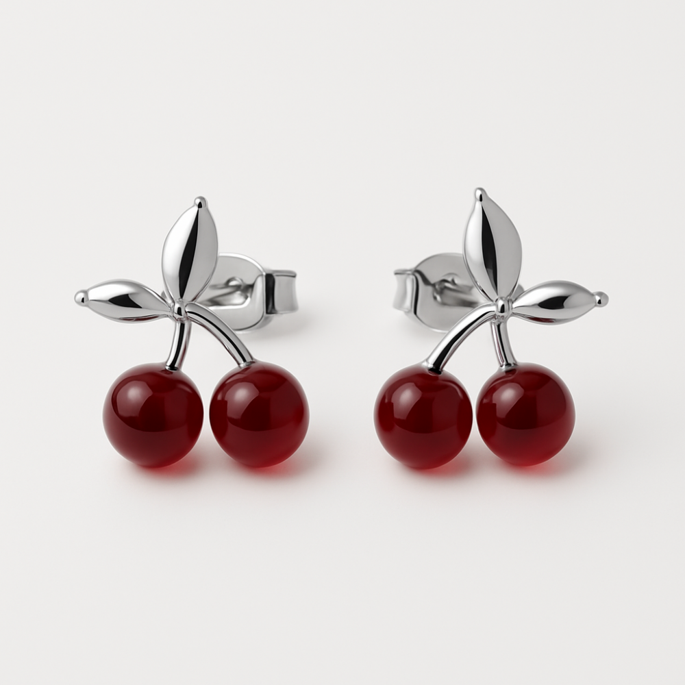 Σκουλαρίκια Κερασάκια Ασημί Καρφωτά 